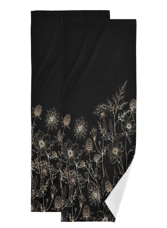 HATESAH 2 Pack Vintage Black Gold Floral Hand Towels for Bathroom,Soft Absorbent Aesthetic Wildflower Herbs Boho Botanical Plant Decorative Guest Bathroom Towels,Quick Dry Dish Kitchen Towels 14"x28" - Image 1